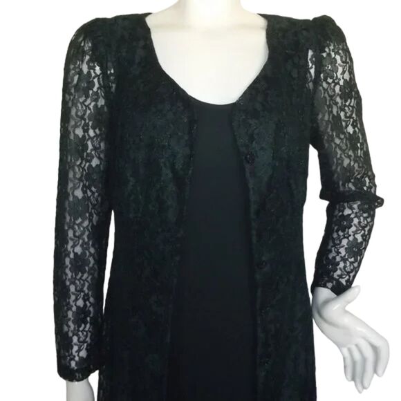 DANA SCOTT Lace Midi Dress, S, Forest Green, Button front, Slip under, Vintage - Picture 2 of 12